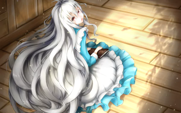 HD PC desktop wallpaper/background: Marry Kozakura from Kagerou Project — anime girl with flowing silver hair in a teal-and-white dress seated on a sunlit wooden floor.