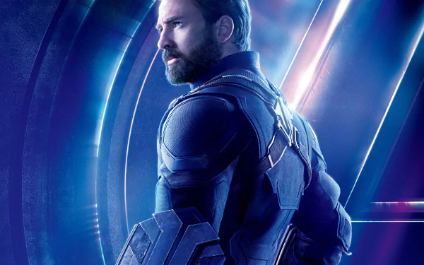 High-definition desktop wallpaper featuring Chris Evans as Captain America in the movie Avengers: Infinity War, showcasing him in his suit with a heroic pose against a dynamic, blue-lit background.