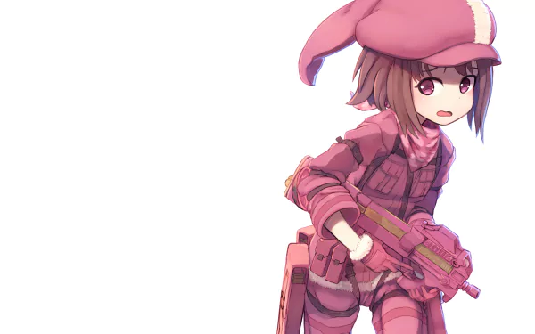 Anime depiction of LLENN (Karen Kohiruimaki) from Sword Art Online Alternative: Gun Gale Online — pink‑clad with a compact rifle on a white background, 2K Quad HD PC desktop wallpaper.