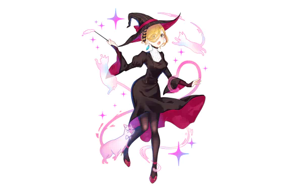 hat blush earrings wand green eyes blonde short hair cat witch Anime Original anime cat HD Desktop Wallpaper | Background Image
