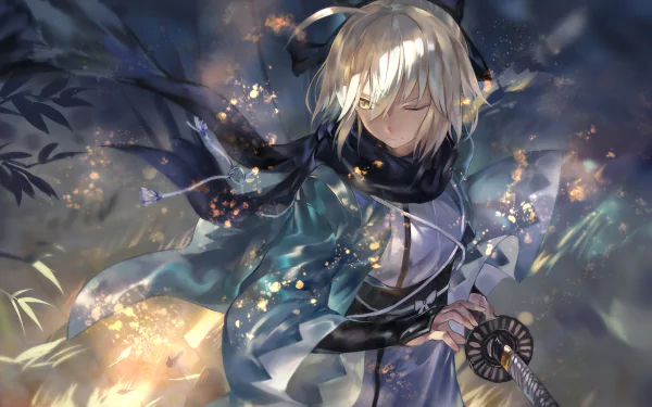 HD desktop wallpaper featuring Sakura Saber from Fate/Grand Order. The anime character with short blonde hair and a flowing scarf stands amidst an ethereal background.