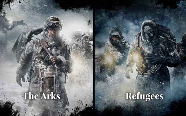 HD Frostpunk-themed desktop wallpaper featuring characters labeled The Arks and Refugees against a frosty backdrop.