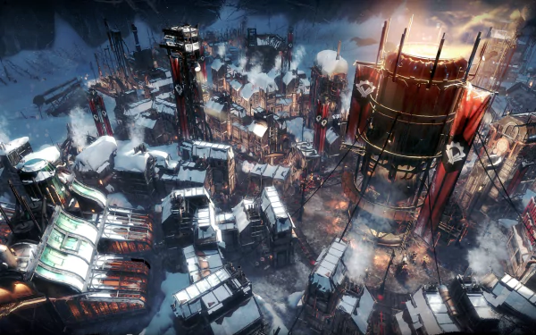 HD wallpaper featuring the icy post-apocalyptic cityscape from the game Frostpunk.