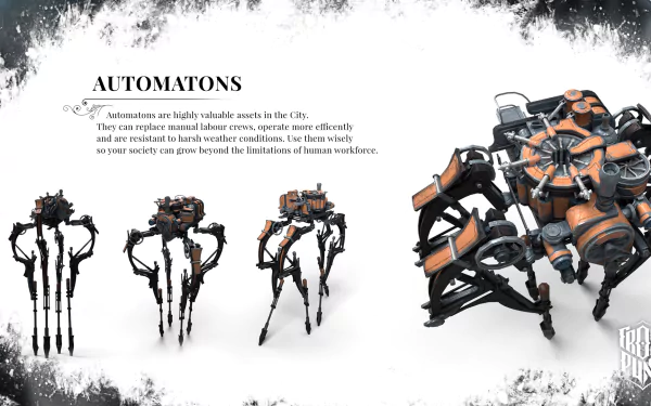 HD desktop wallpaper from Frostpunk featuring concept art of Automatons with description text against a frosty background.