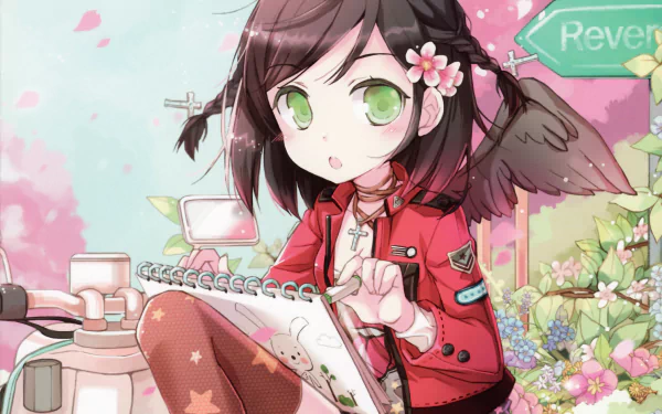 necklace cross scooter sketchbook flower green eyes braid brown hair short hair wings Anime angel anime angel HD Desktop Wallpaper | Background Image