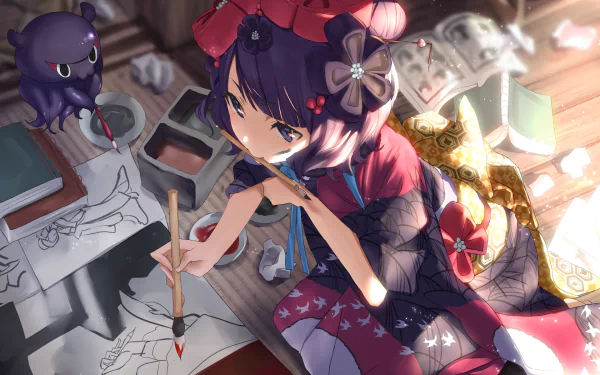 HD PC desktop wallpaper featuring Katsushika Hokusai from Fate/Grand Order in anime style, drawing with a brush amid art supplies and glowing light effects.