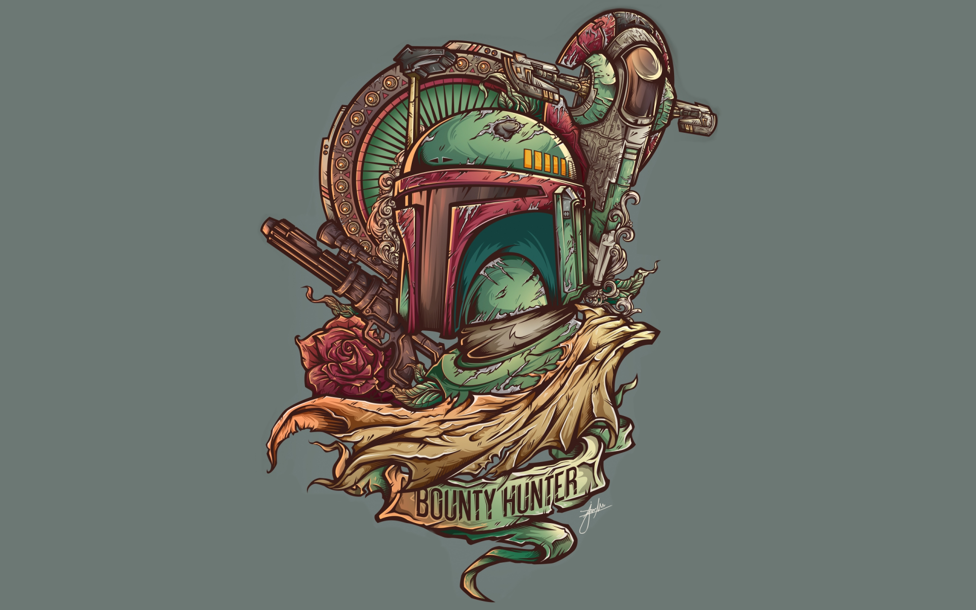 Stylized Boba Fett helmet illustration with rose, blaster and Bounty Hunter banner — sci-fi Star Wars motif, 2K Quad HD PC desktop wallpaper background.