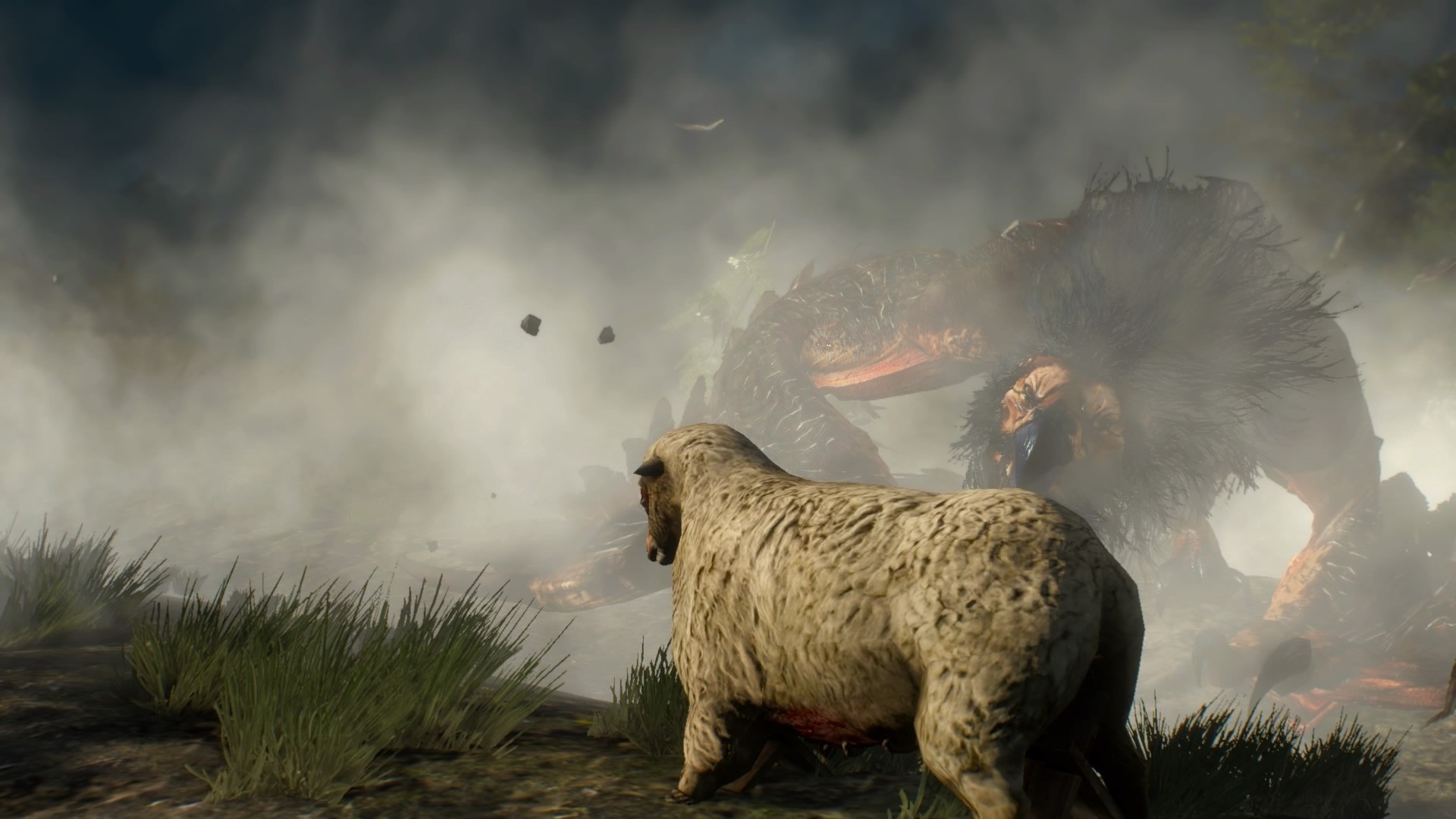 HD PC desktop wallpaper from the video game The Witcher 3: Wild Hunt showing a sheep in foggy grass confronting a looming, fiery monster in the distance.