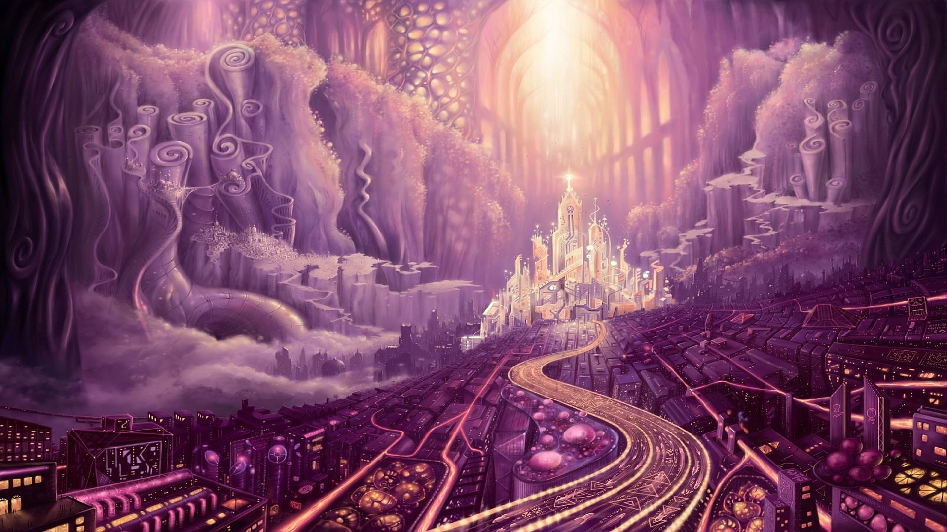 Futuristic sci-fi cityscape with glowing structures and winding pathways, rendered in vibrant purple hues for an HD PC desktop wallpaper and background.