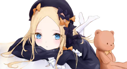 Abigail Williams (Fate/Grand Order) anime HD PC desktop wallpaper: blonde girl in a black hood with blue eyes lying beside a small teddy bear on a white background.