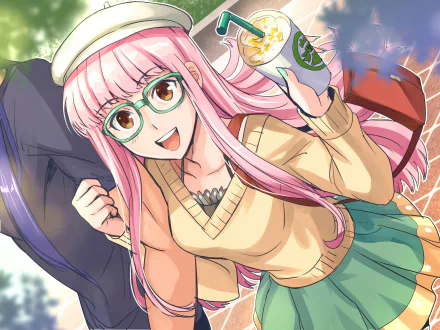 2K Quad HD PC wallpaper of Rider Medb (Fate/Grand Order): pink-haired, bespectacled anime girl in a beige sweater and green skirt, smiling and holding a bottle.