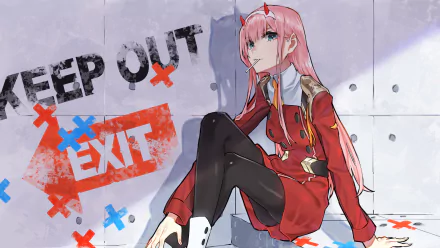 HD desktop wallpaper featuring Zero Two from Darling in the FranXX anime, characterized by her pink hair and blue eyes, seated against a wall with KEEP OUT and EXIT signs.