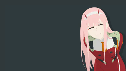 Minimalist HD wallpaper featuring Zero Two from Darling in the FranXX anime, set against a dark background, with Zero Two in her iconic red outfit smiling softly.