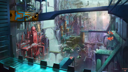 HD anime-style cityscape featuring a bird wearing a hat, futuristic buildings, and vibrant fish swimming through the air, creating a unique original desktop wallpaper.