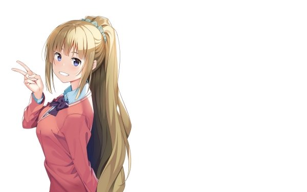 Anime Classroom of the Elite Kei Karuizawa Blonde Long Hair Blue Eyes Smile Blush bow Peace Sign HD Wallpaper | Background Image