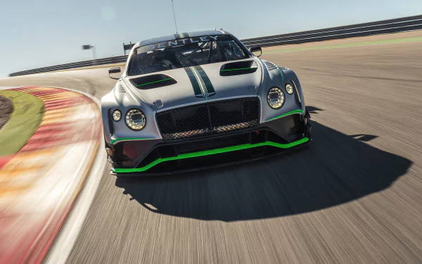A Bentley Continental GT3 race car speeding on a racetrack, captured in stunning 4K Ultra HD as a dynamic PC desktop wallpaper.