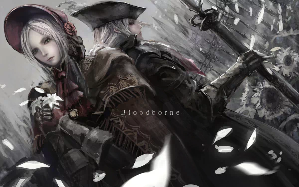 HD desktop wallpaper and background featuring two characters from the video game Bloodborne, standing back-to-back amidst falling white petals with a dark, gothic atmosphere.