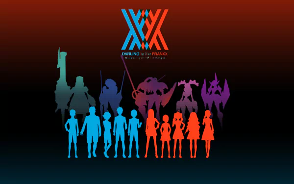 HD desktop wallpaper from Darling in the FranXX showing silhouettes of characters and mechas against a gradient background with the series logo at the top.