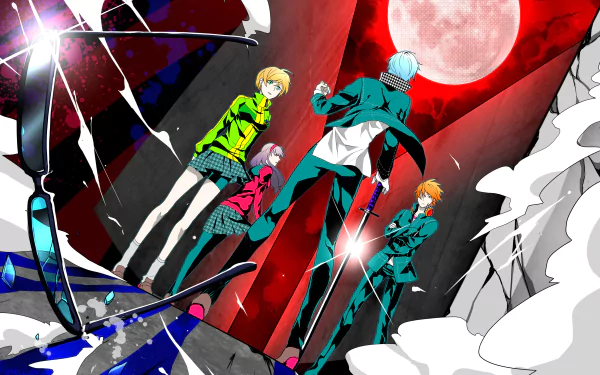 HD desktop wallpaper featuring characters Yosuke Hanamura, Yu Narukami, Yukiko Amagi, and Chie Satonaka from the video game Persona 4, standing dramatically against a vivid, full-moon backdrop.