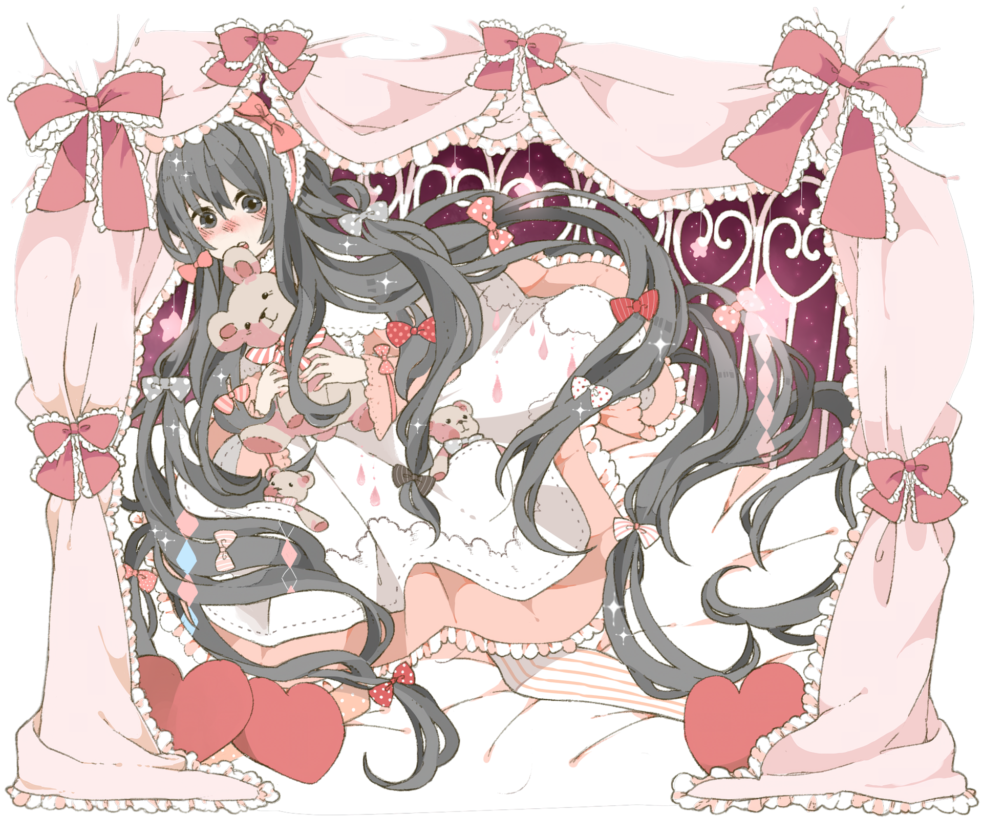 Download Heart Pillow Brown Eyes Headband Teddy Bear Bow (Clothing) Brown Hair Long Hair Anime Original HD Wallpaper by なると巻き