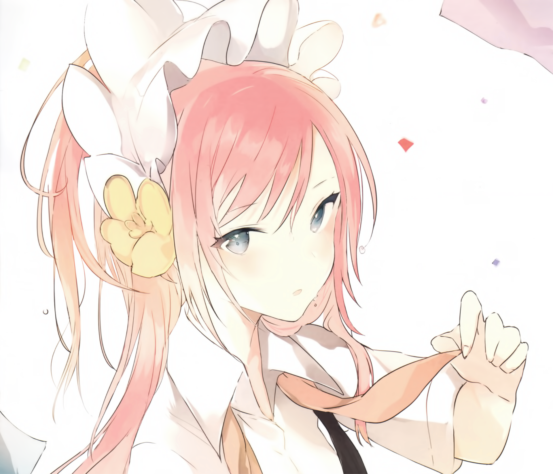 Anime-style original character with long orange hair, grey eyes, and a flower-adorned headband, rendered as an HD PC desktop wallpaper and background.