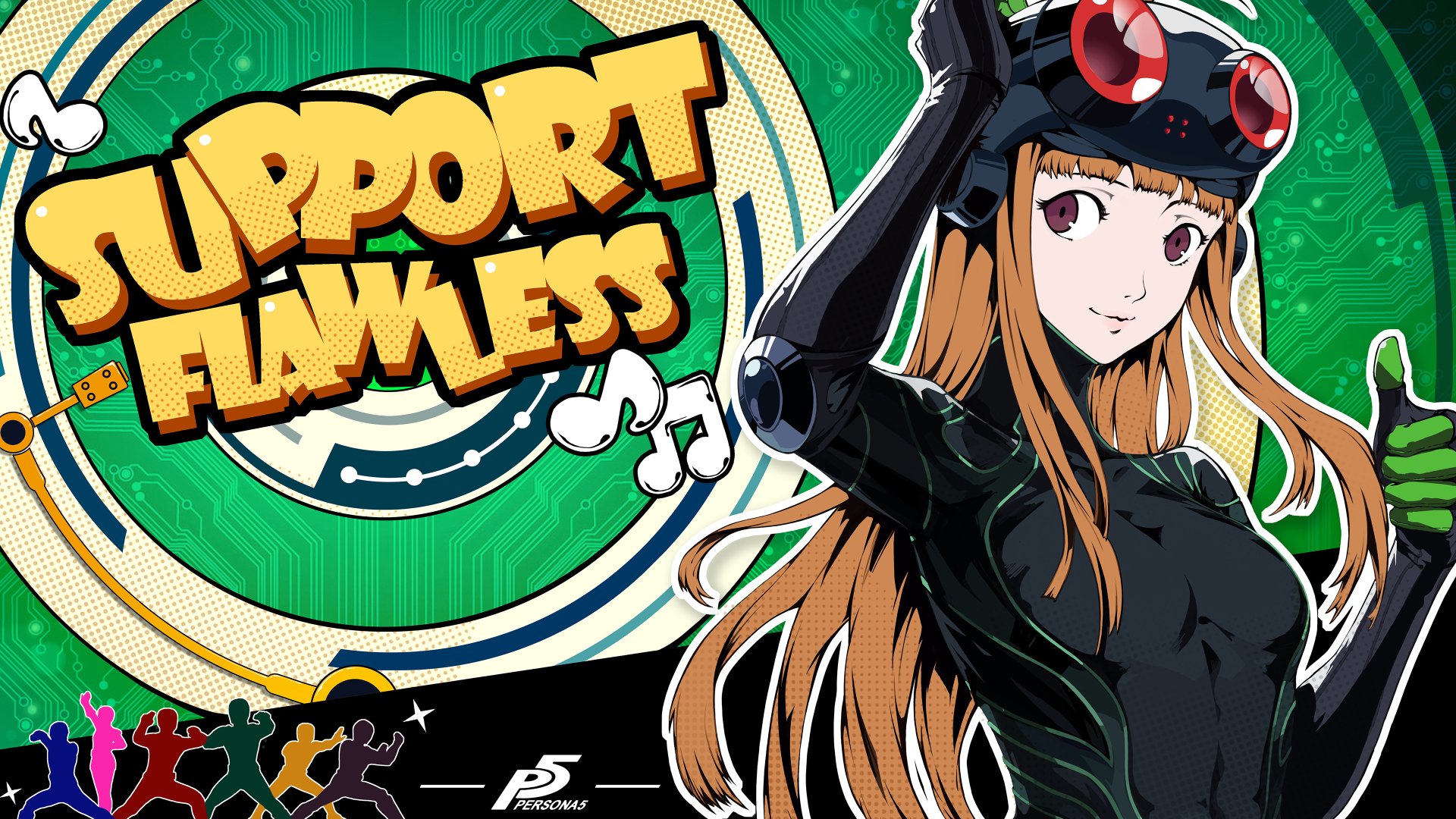 4K Ultra HD PC wallpaper featuring Futaba Sakura from the video game Persona 5, with vibrant colors and dynamic text reading Support Flawless.