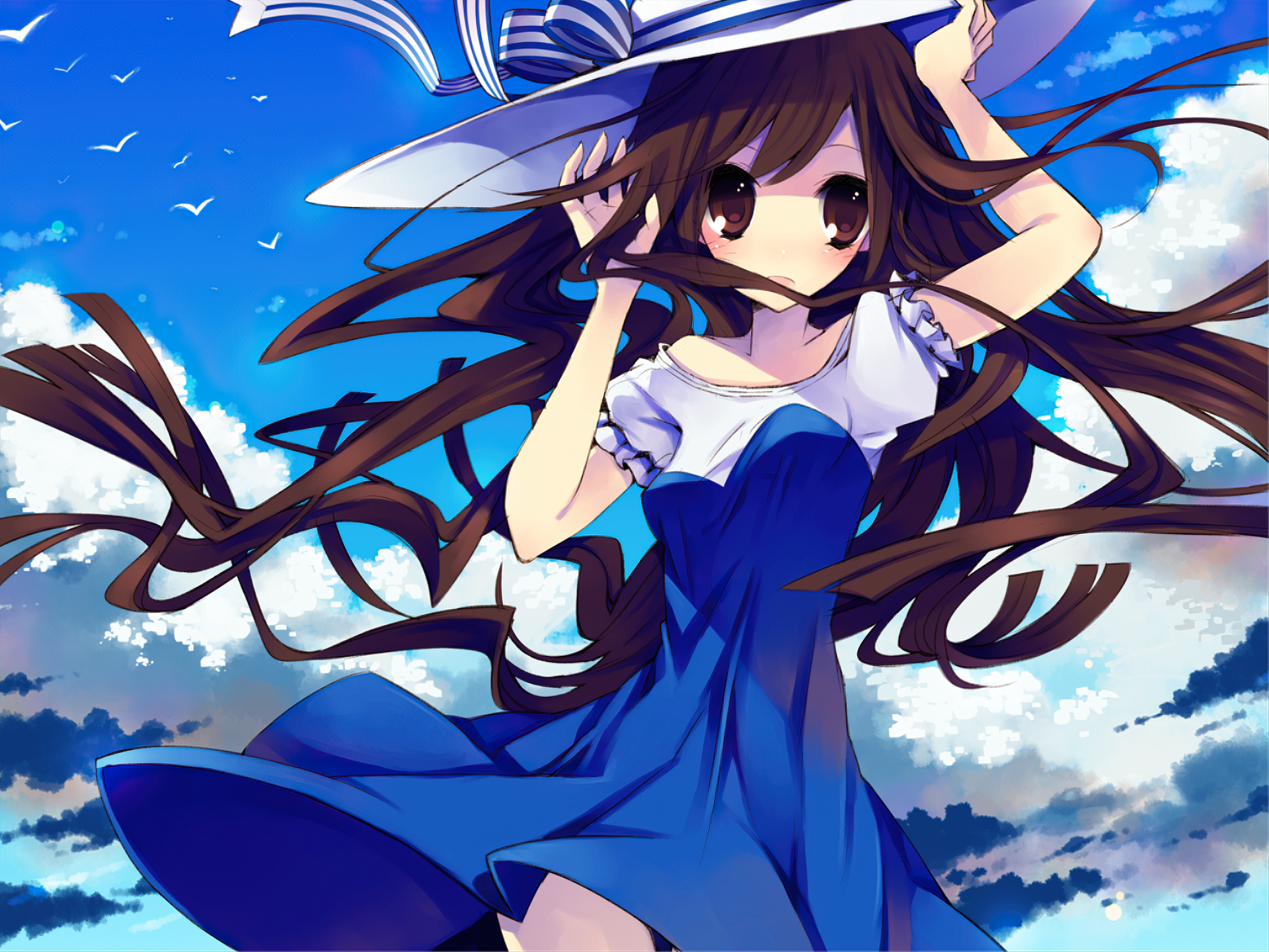 Download Bow (Clothing) Brown Eyes Hat Brown Hair Long Hair Anime Original HD Wallpaper by るご