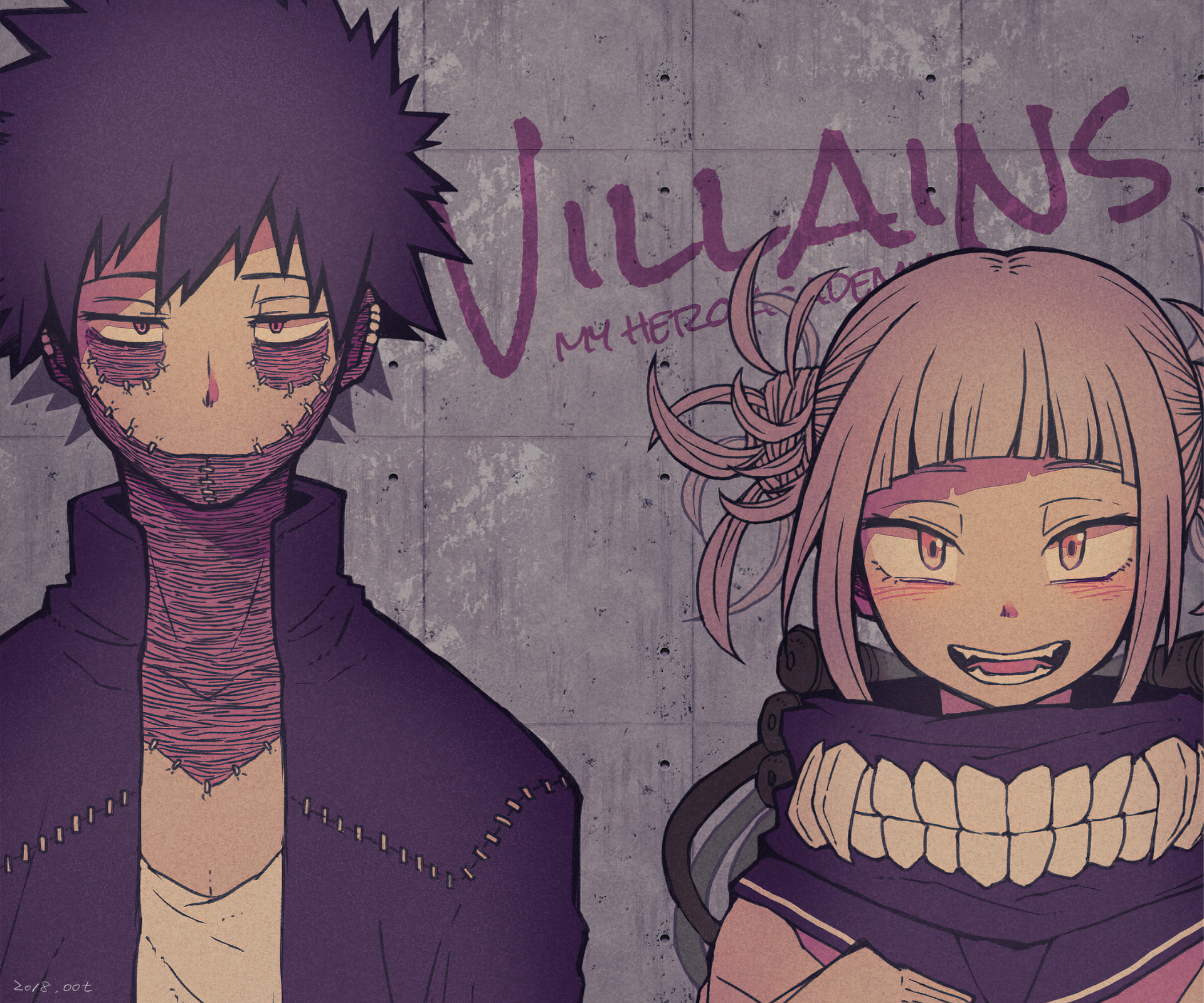 A high-definition desktop wallpaper featuring Himiko Toga and Dabi from the anime My Hero Academia, with the word Villains written in the background.