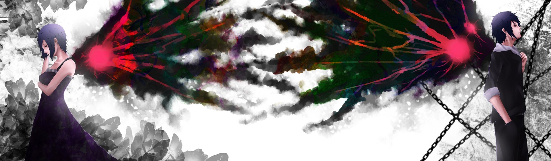 HD PC desktop wallpaper featuring Ayato Kirishima and Touka Kirishima from the anime Tokyo Ghoul with a dark, abstract background.