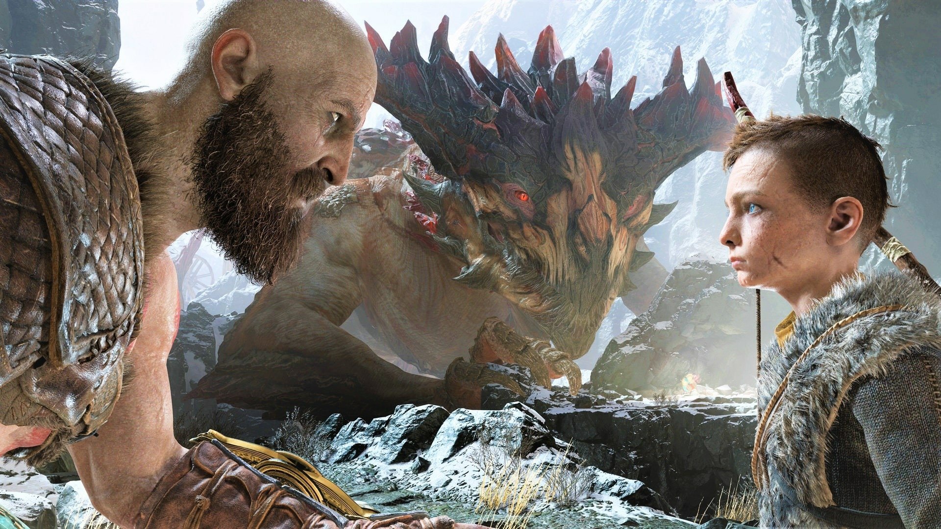 HD PC desktop wallpaper featuring Kratos and Atreus from God of War (2018) facing a fierce dragon in a snowy mountainous landscape.