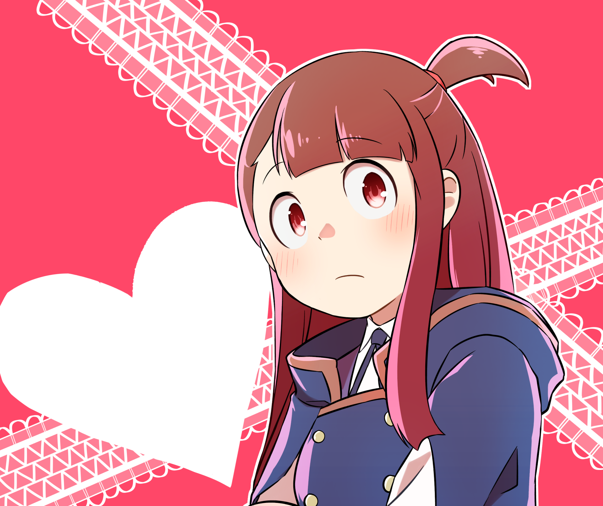 HD anime desktop wallpaper featuring Atsuko Kagari from Little Witch Academia against a vibrant pink background with white heart and geometric patterns.