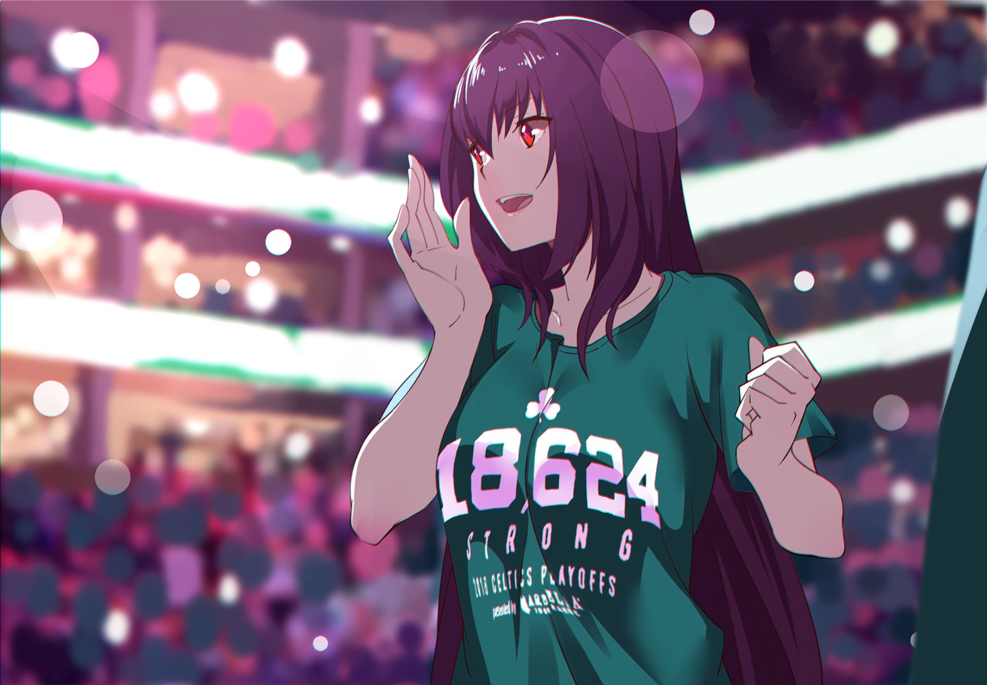 HD PC desktop wallpaper featuring Scathach from Fate/Grand Order in vibrant anime style, showcasing her with a confident smile and casual attire against a lively background.