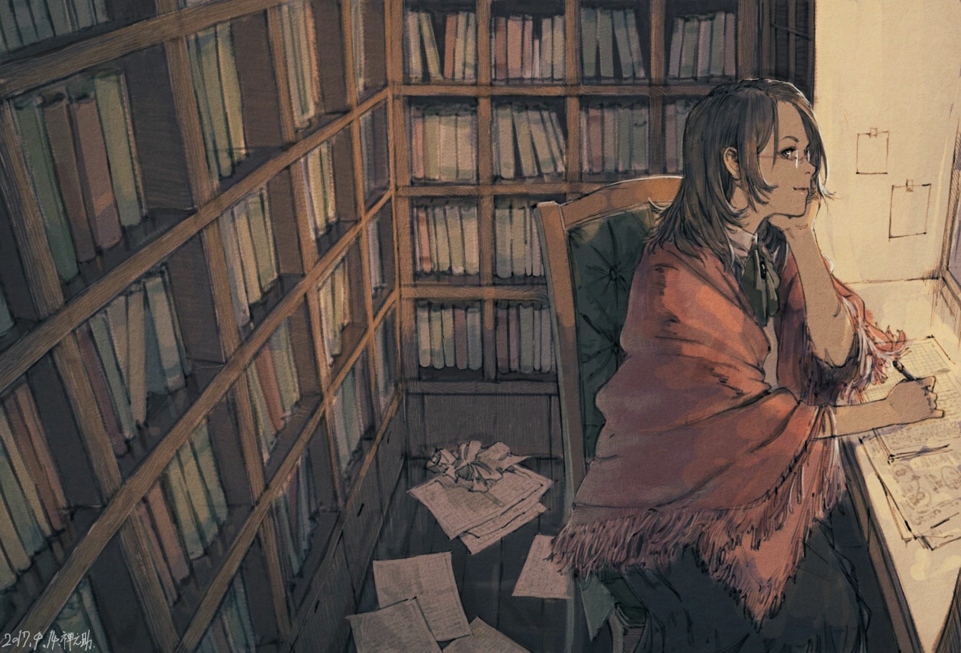 Anime original HD PC desktop wallpaper background: a contemplative figure with glasses sits at a desk, writing by lamplight amid tall bookshelves and scattered papers.