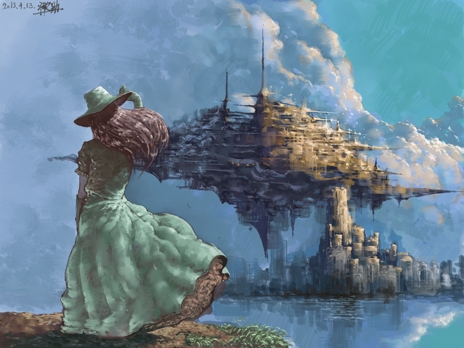 Anime-style HD desktop wallpaper depicting a city suspended in the sky, reflected in water below, with a figure in a dress and hat observing the scene under a cloudy blue sky.