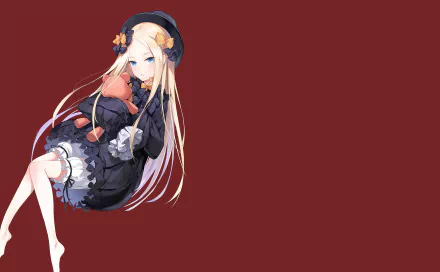 Abigail Williams from Fate/Grand Order — anime portrait of her in a black dress and beret, long blonde hair, seated against a maroon background; HD PC desktop wallpaper/background.