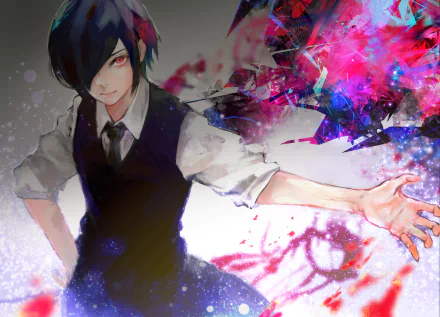 A vibrant HD wallpaper featuring Touka Kirishima from Tokyo Ghoul, showcasing her short blue hair, red eyes, and a confident smile, with dynamic colorful effects in the background.