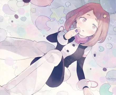 HD PC desktop wallpaper featuring Ochaco Uraraka from the anime My Hero Academia in a soft, pastel-colored style with floating heart and moon shapes.