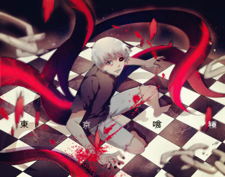 Ken Kaneki (Tokyo Ghoul) anime 2K Quad HD PC desktop wallpaper: Ken crouching on a blood-splattered black-and-white checkered floor as red kagune tendrils swirl around him.