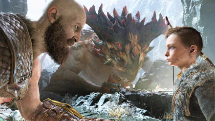 HD PC desktop wallpaper featuring Kratos and Atreus from God of War (2018) facing a fierce dragon in a snowy mountainous landscape.