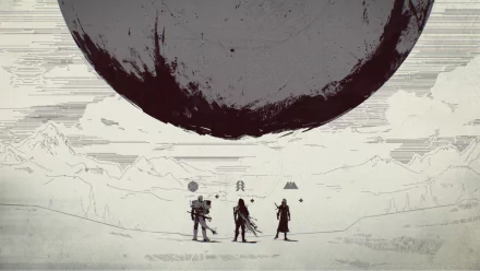 HD PC desktop wallpaper featuring a stark, artistic scene from the video game Destiny 2 with three characters standing beneath a large, dark, hovering sphere.