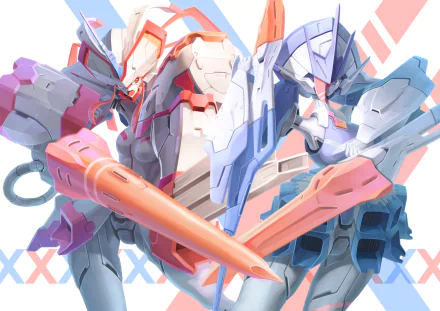 HD desktop wallpaper featuring Delphinium and Strelizia from the anime Darling in the FranXX, showcasing the two mechas in dynamic poses with a vibrant background pattern.