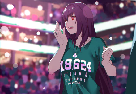 HD PC desktop wallpaper featuring Scathach from Fate/Grand Order in vibrant anime style, showcasing her with a confident smile and casual attire against a lively background.