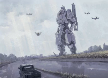 Anime-style HD desktop wallpaper depicting a giant mecha robot standing near a road with cars, aircraft flying overhead under a bright sky.