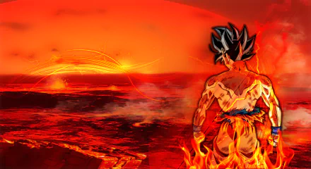 HD desktop wallpaper featuring Goku from Dragon Ball Z standing amidst a fiery, red-orange landscape with intense energy and flames surrounding him.
