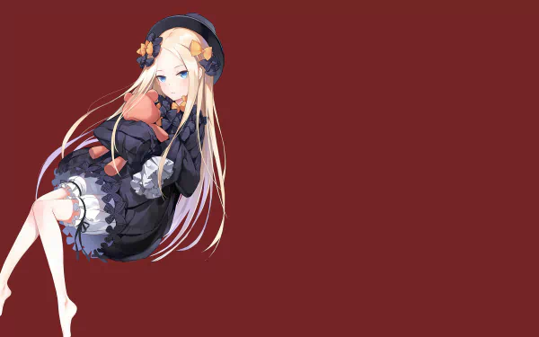 Abigail Williams from Fate/Grand Order — anime portrait of her in a black dress and beret, long blonde hair, seated against a maroon background; HD PC desktop wallpaper/background.