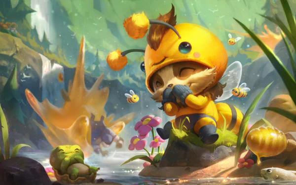 A vibrant HD desktop wallpaper featuring Teemo from League of Legends, dressed as a bee in a whimsical forest setting, surrounded by flowers, bees, and a peaceful stream.