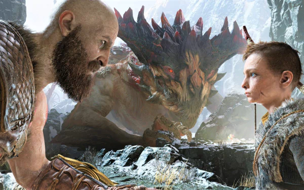 HD PC desktop wallpaper featuring Kratos and Atreus from God of War (2018) facing a fierce dragon in a snowy mountainous landscape.