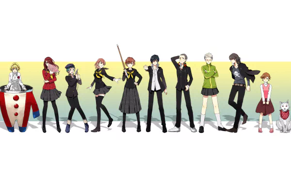 4K Ultra HD PC wallpaper featuring Nanako Dojima, Chie Satonaka, Yosuke Hanamura, Minato Arisato, Yu Narukami, Rise Kujikawa, Makoto Yuki, and other Persona 4 characters.