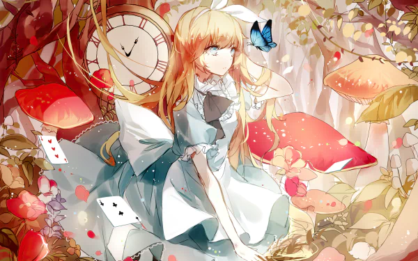 HD anime desktop wallpaper featuring Alice from Alice in Wonderland surrounded by oversized mushrooms, playing cards, a clock, and a blue butterfly in a whimsical forest.
