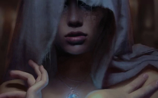 HD desktop wallpaper depicting a dark fantasy painting of a woman with freckles, partially covered by a hood, her hands and a glowing pendant visible.